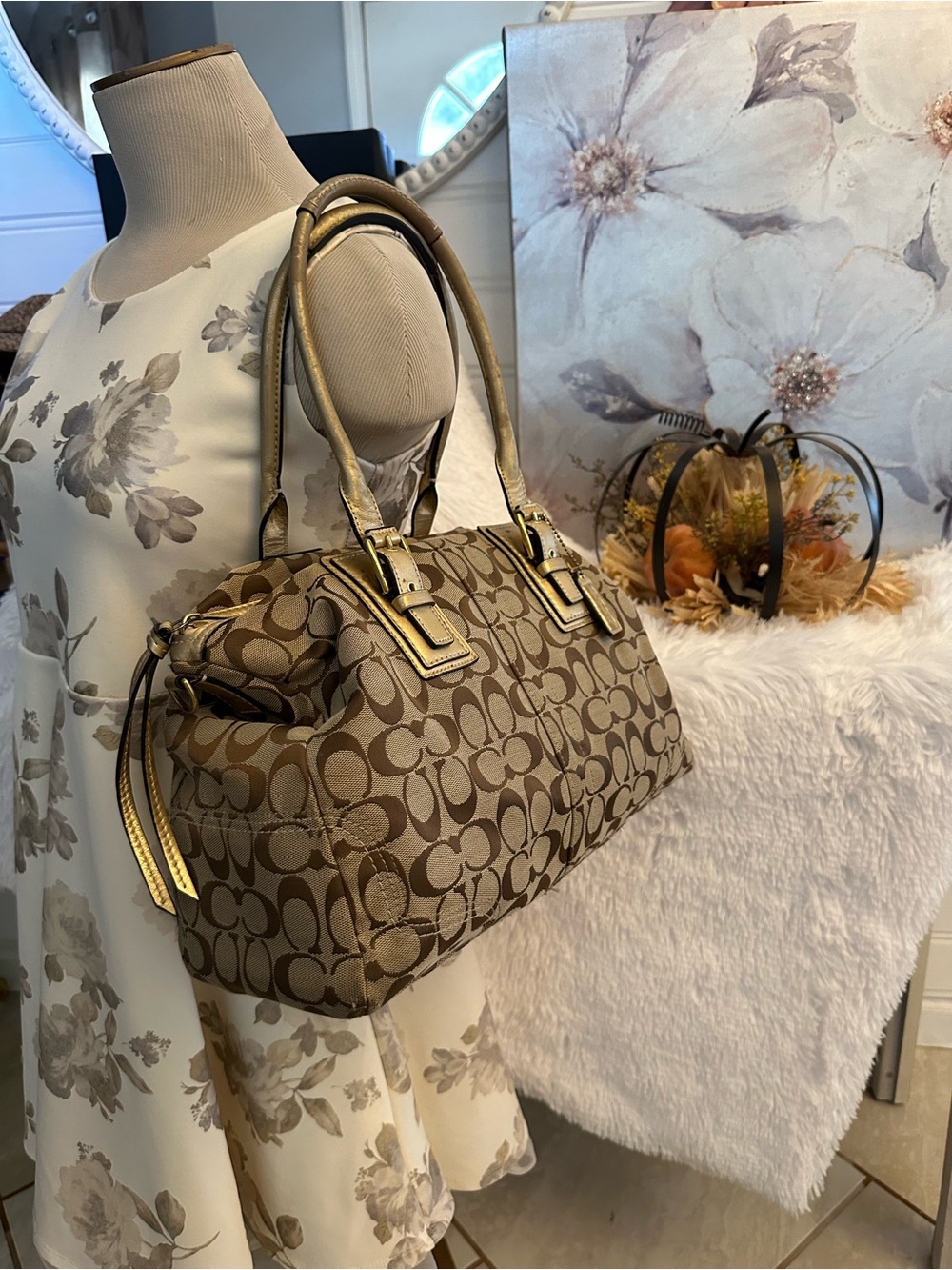 Coach Khaki Signature Satchel with Gold Trim